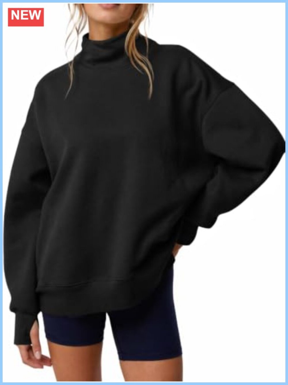 Oversized Mock Neck Sweatshirt Drop Shoulder Lantern Sleeve Pullover Top